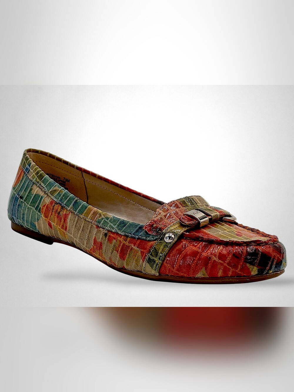 Anne Klein iflex Savina Sz 7.5 Multicolor Coral/Teal Croc Loafers Gold Buckles - Picture 3 of 16